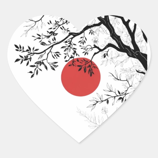 Japanese Red Sun & Brush Tree Art Heart Sticker (Front)