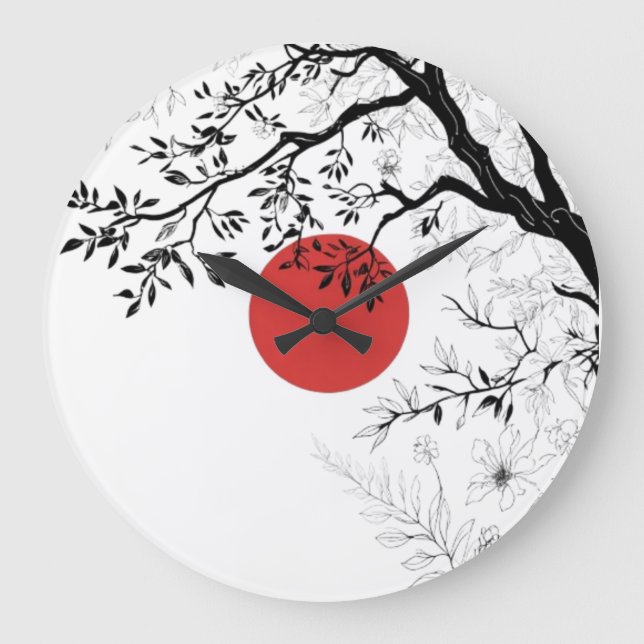 Japanese Red Sun & Brush Tree Art Large Clock (Front)