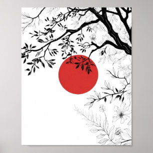 Japanese Red Sun & Brush Tree Art Poster