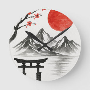 Japanese Red Sun Mountain Landscape Accent Mug Round Clock