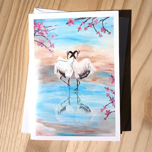 Japanese Red Top Tancho Cranes Blank Stationery Holiday Card (Japanese Red Crowned Tancho Cranes Acrylic Painting Stationary)
