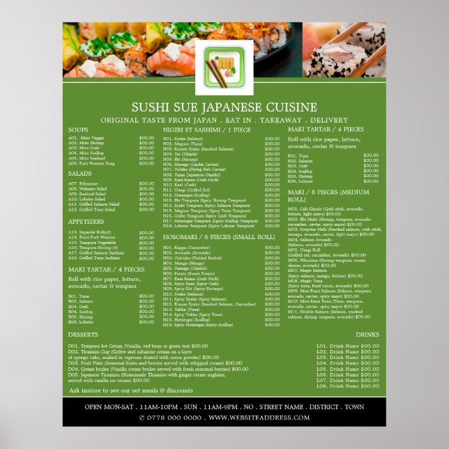 Japanese Restaurant, Sushi Menu Poster (Front)