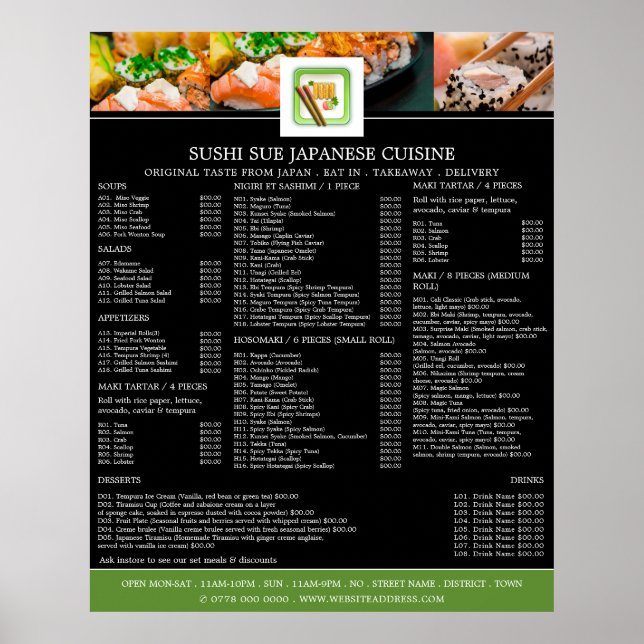 Japanese Restaurant, Sushi Menu Poster (Front)