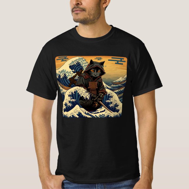 Japanese Retro Samurai Cat The Great Wave By Hokus T-Shirt (Front)