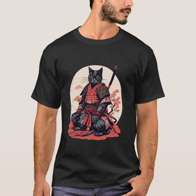 Japanese Retro Samurai Cat Warrior T-Shirt (Front)
