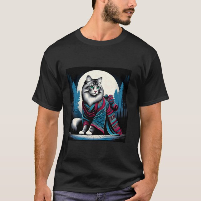 Japanese Retro Samurai Lady Cat Warrior T-Shirt (Front)