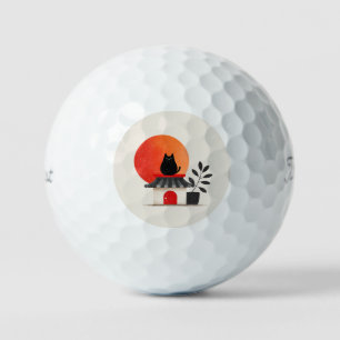 Japanese Retro Sunset Black Cat Rooftop Golf Balls