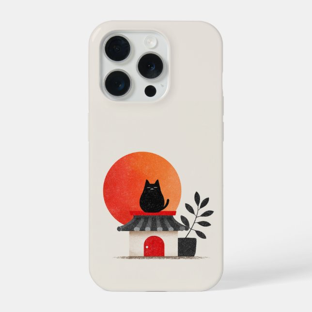 Japanese Retro Sunset Black Cat Rooftop iPhone Case (Back)