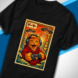 Japanese Retro Vintage UFO Cat Graphic Funny Gamer T-Shirt