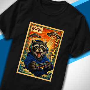 Japanese Retro Vintage UFO Racoon Funny Gamer T-Shirt