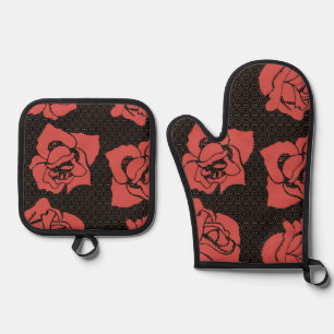 Japanese Rose Flower Design Oven Mitt & Pot Holder Set