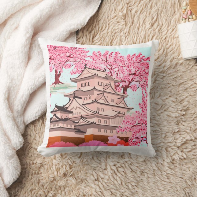 Japanese Sakura Castle Art – Cherry Blossom Spring Cushion (Blanket)