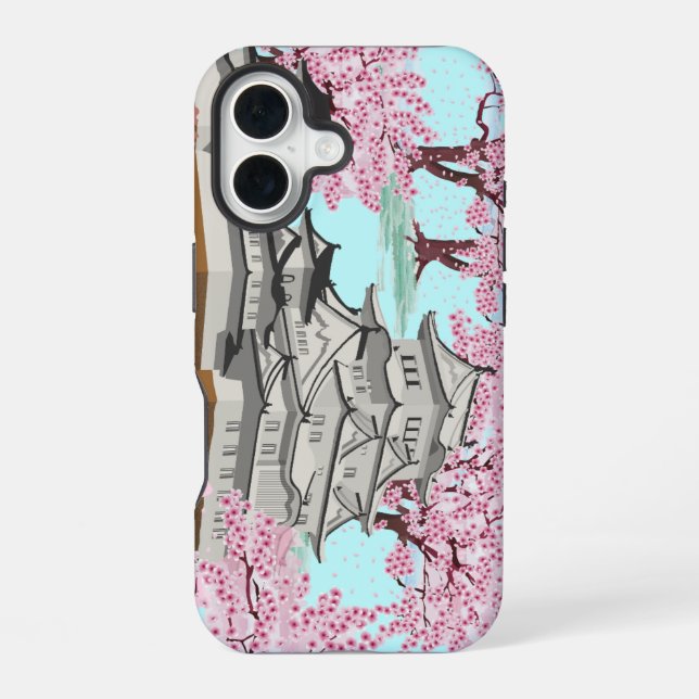 Japanese Sakura Castle Art – Cherry Blossom Spring iPhone 16 Case (Back)