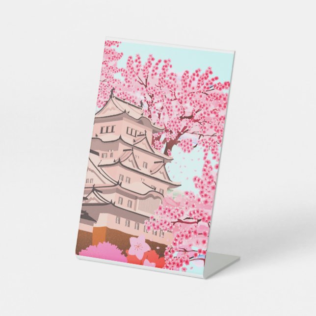Japanese Sakura Castle Art – Cherry Blossom Spring Pedestal Sign (Front)