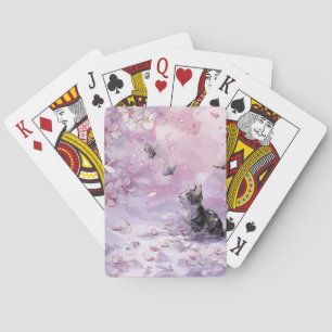 Japanese Sakura Cat with Blue & Pink Butterflies Playing Cards