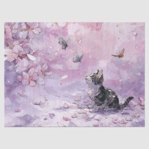 Japanese Sakura Cat with Blue & Pink Butterflies Tissue Paper