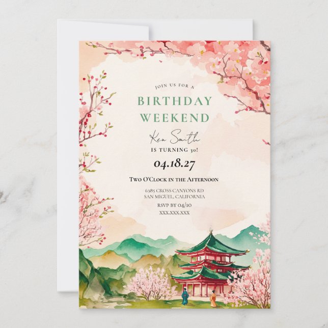 Japanese Sakura Cherry Blossom Birthday Invitation (Front)