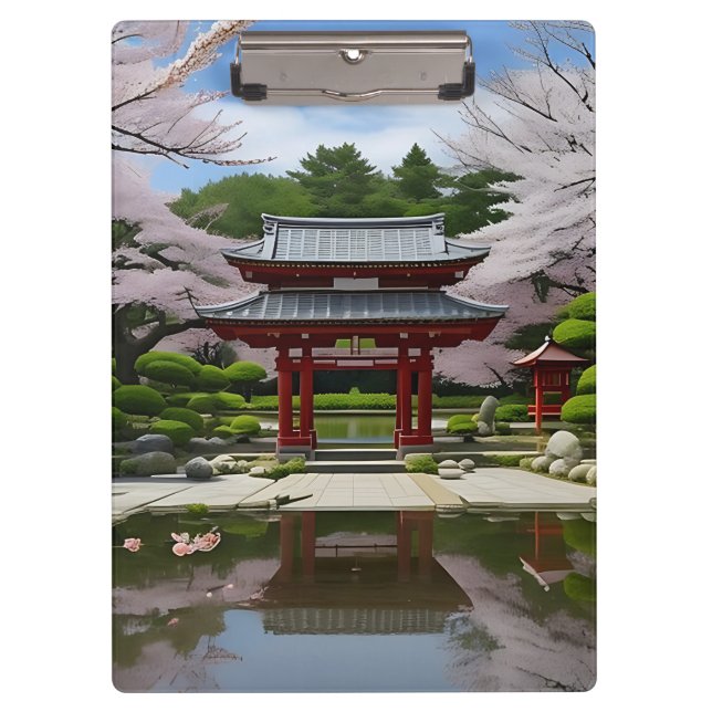 Japanese Sakura Cherry Blossom Garden Shrine Pond Clipboard (Front)