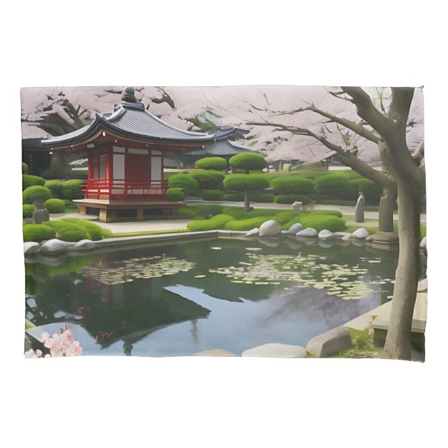 Japanese Sakura Cherry Blossom Garden Shrine Pond Pillowcase (Front)