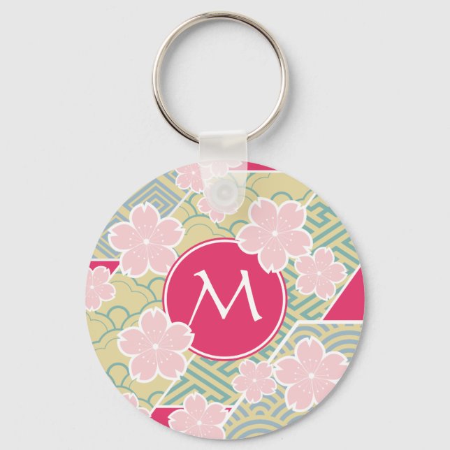 Japanese Sakura Cherry Blossoms Geometric Patterns Key Ring (Front)