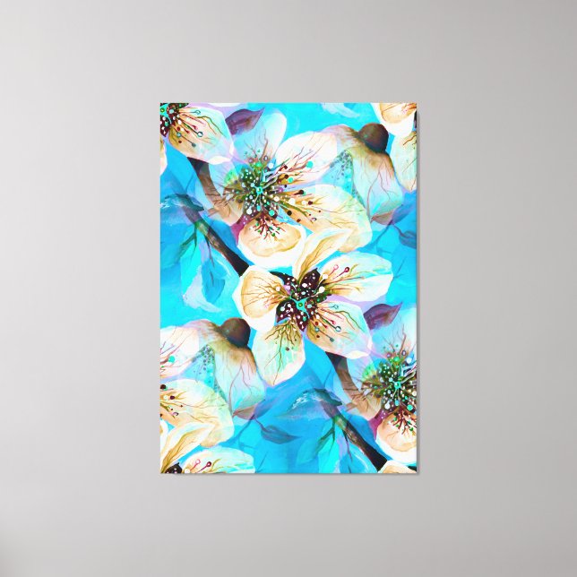 Japanese Sakura Cherry Tree Flowers in Aqua Blue Canvas Print (Front)