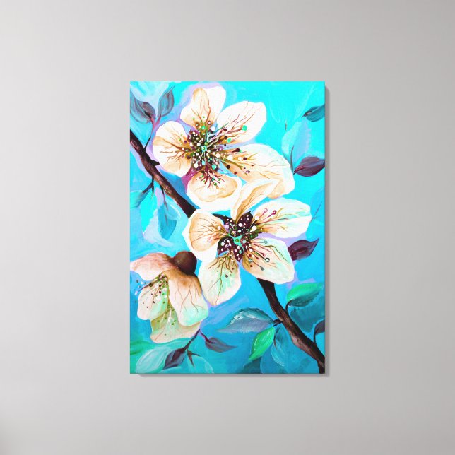 Japanese Sakura Cherry Tree Flowers in Aqua Blue Canvas Print (Front)