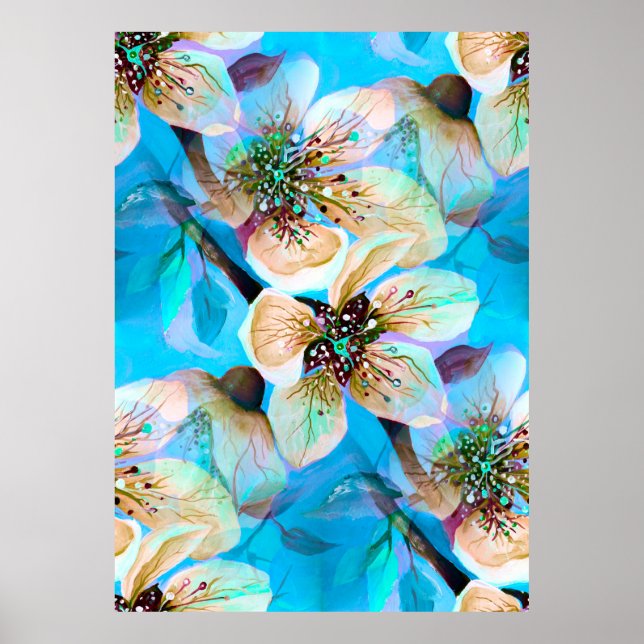 Japanese Sakura Cherry Tree Flowers in Aqua Blue Poster (Front)