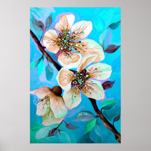 Japanese Sakura Cherry Tree Flowers in Aqua Blue Poster