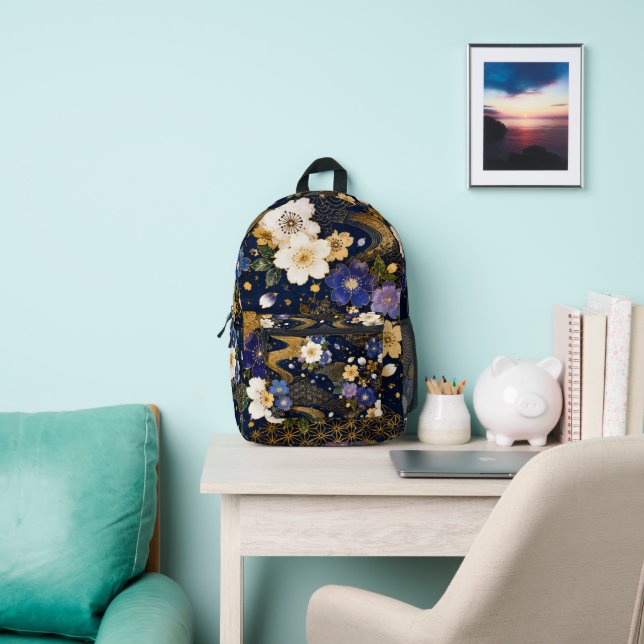 Japanese Sakura Floral Navy Gold Backpack (Insitu)