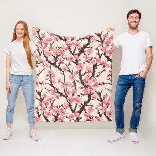 Japanese Sakura Pink Blossom Dark Branch Cream Fleece Blanket