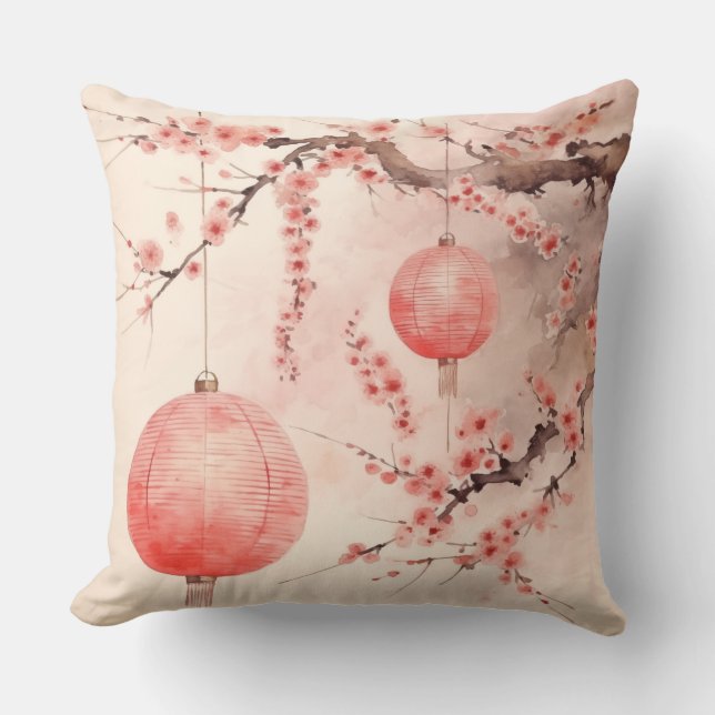 Japanese Sakura Tree and Lanterns Cushion (Front)