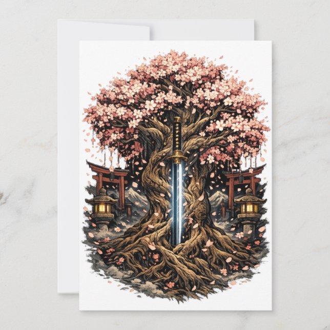 Japanese Sakura Tree & Katana Fantasy Art Save The Date (Front)