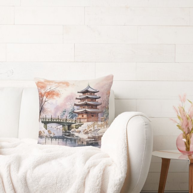 Japanese Sakura Tree Pagoda and Bridge Pink Grey Cushion (Couch)