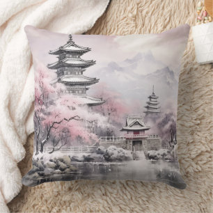 Japanese Sakura Tree Pagoda and Bridge Pink Grey Cushion
