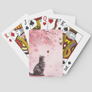 Japanese Sakura Tree with Black Cat and Butterfly Playing Cards