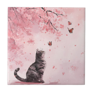 Japanese Sakura Tree with Black Cat and Butterfly Tile