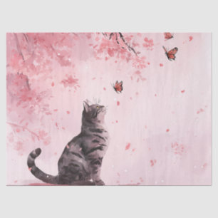 Japanese Sakura Tree with Black Cat and Butterfly Tissue Paper