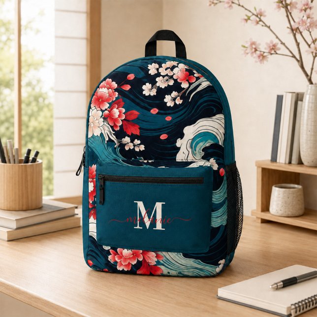 Japanese Sakura Waves Custom Monogram Name  Printed Backpack (Modern Japanese Sakura Custom Monogram Name Printed Backpack)