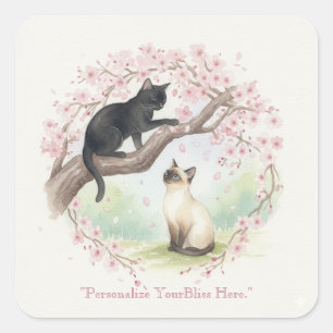 Japanese Sakura & Zen Cats Watercolor Square Sticker