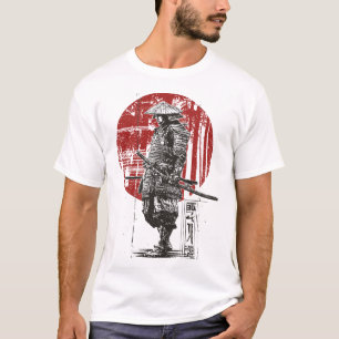 Japanese Samurai Art Red Sun Warrior Print T-Shirt