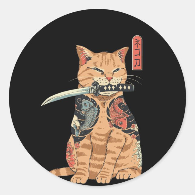 Japanese Samurai Cat Classic Round Sticker (Front)