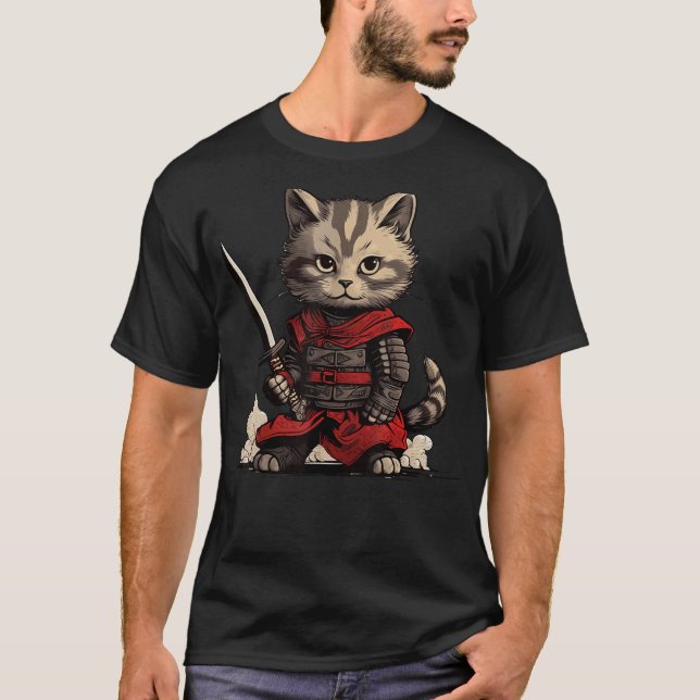 Japanese Samurai Cat Cool Ninja Cat Warrior T-Shirt (Front)