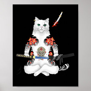 Japanese Samurai Cat Katana Ninja Yakuza Tattoo  Poster