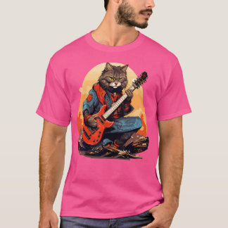 Japanese Samurai Cat Playing The Electric Guitar T-Shirt