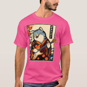 Japanese Samurai Cat Playing The Electric Guitar T-Shirt