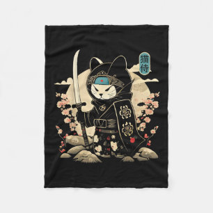 Japanese Samurai Cat Tattoo Kawaii Ninja Cat _1  Fleece Blanket
