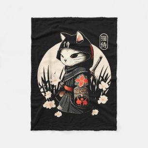 Japanese Samurai Cat Tattoo, Kawaii Ninja Cat _1  Fleece Blanket