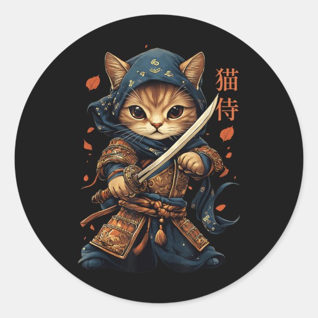 Japanese Samurai Cat Tattoo Kawaii Ninja Cat Cat W Classic Round Sticker (Front)