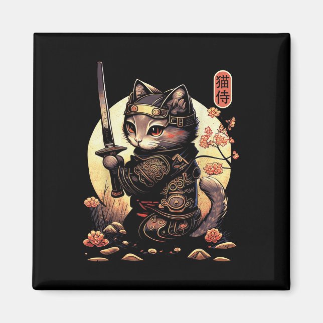 Japanese Samurai Cat Tattoo, Kawaii Ninja Cat  Magnet (Front)
