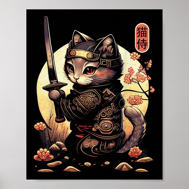 Japanese Samurai Cat Tattoo, Kawaii Ninja Cat  Poster (Front)